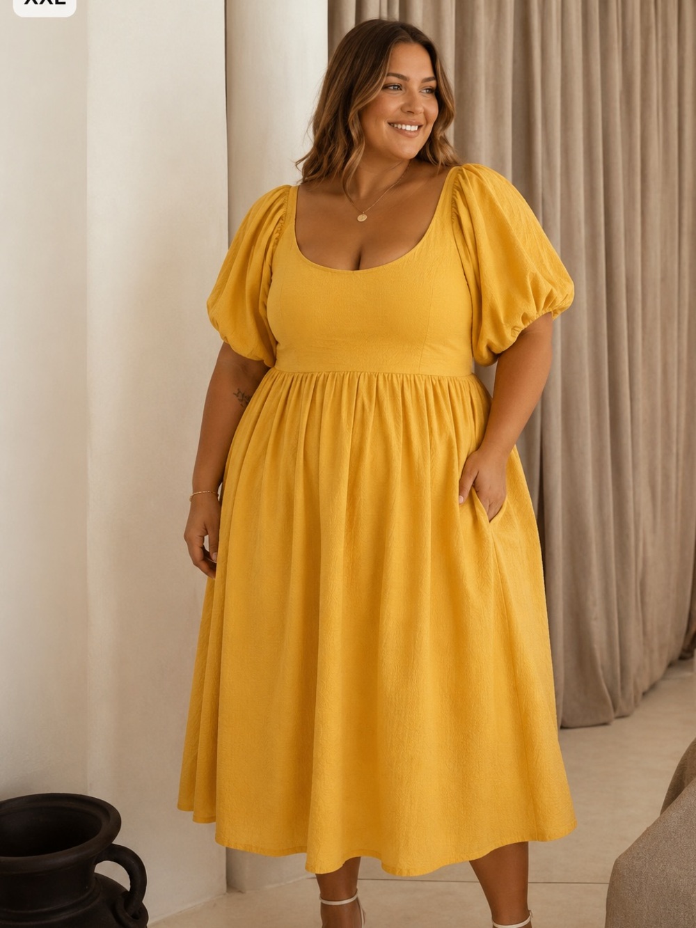ELF Handmade Cherie Puff Sleeve Midi Dress in Honey Cream XXL